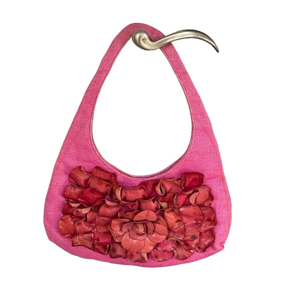 Paolo Masi Purse Shoulder Bag 3D Flower Leather Panel Canvas Pink Made in Italy